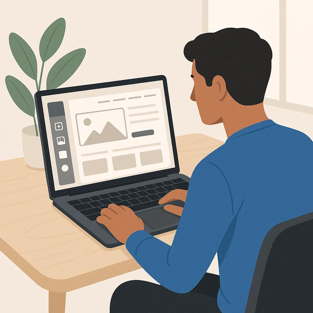 Một người đang làm việc trên laptop với giao diện thiết kế website, không chữ, không logo, không mặt người thật