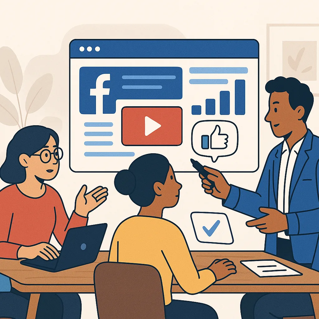 Cảnh một nhóm người đang thảo luận và lên kế hoạch quảng cáo Facebook,