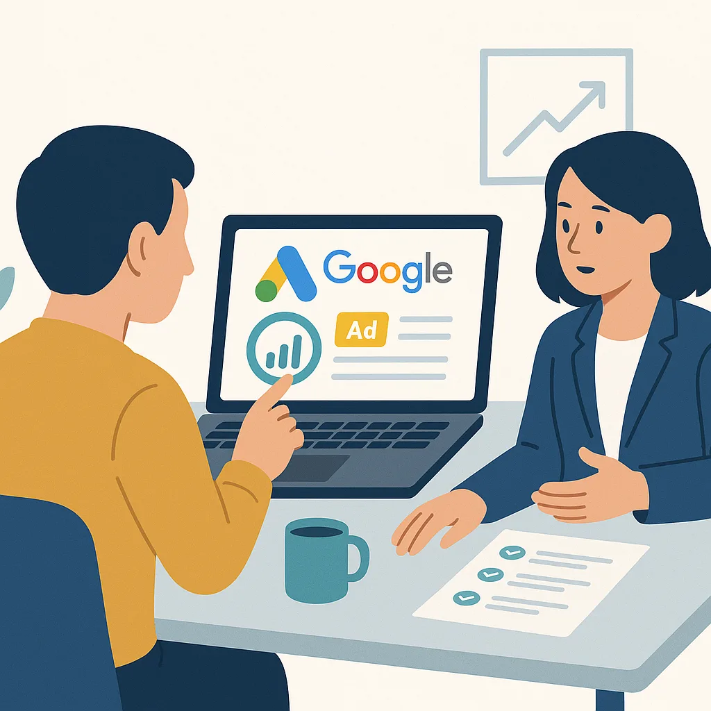 một chiếc máy tính đang hiển thị quảng cáo Google Ads trên màn hình,