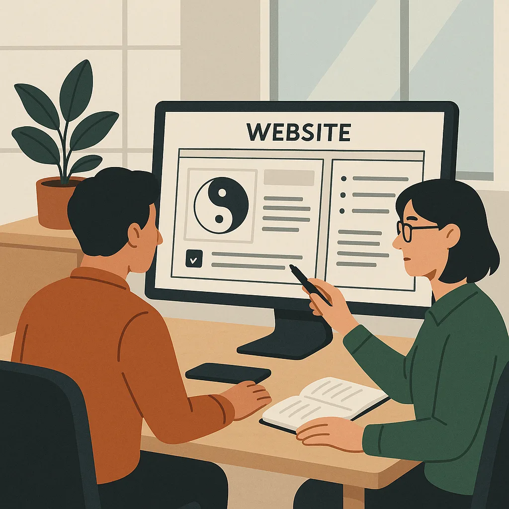 Hình ảnh một văn phòng làm việc với bản thiết kế website trên màn
