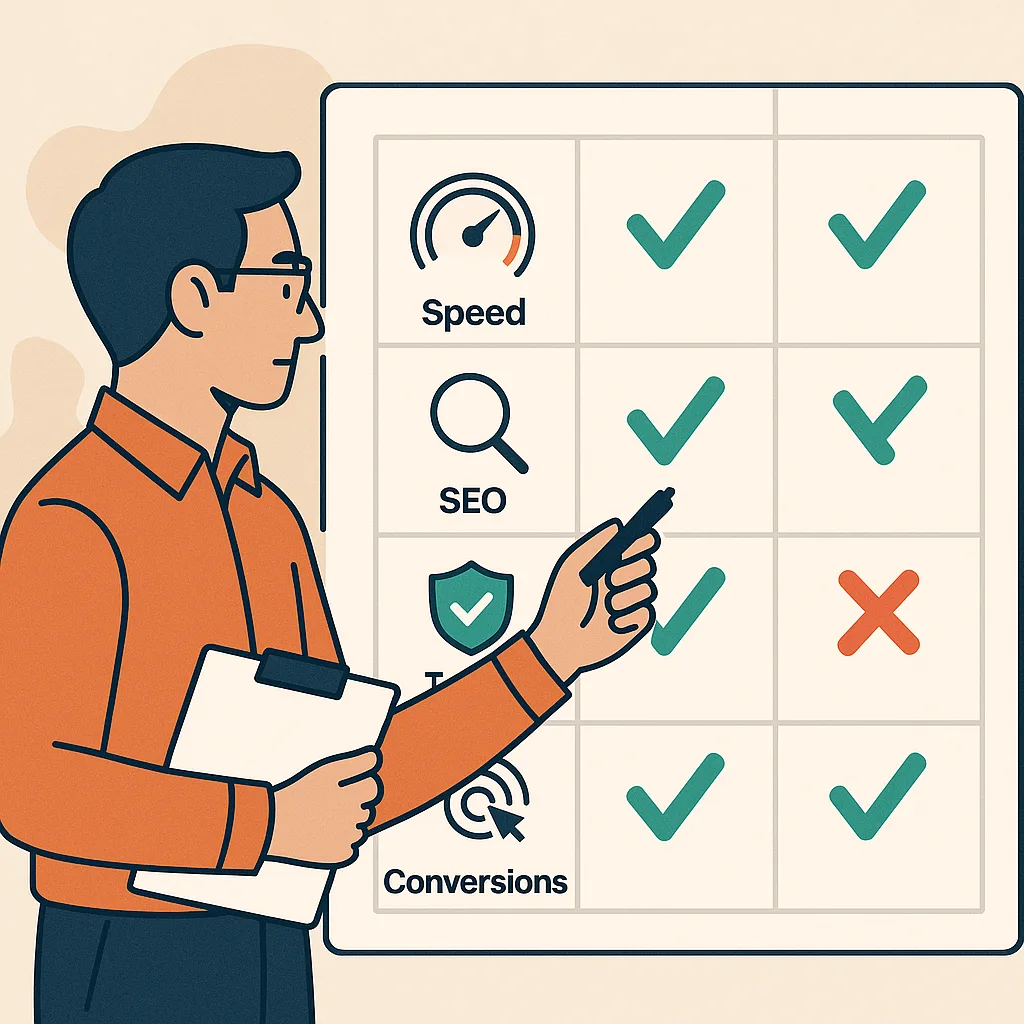 bảng so sánh tiêu chí lựa chọn dịch vụ thiết kế web