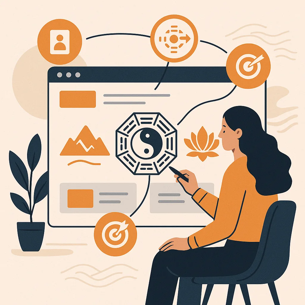 Một bảng thiết kế website với các yếu tố phong thủy, không chữ, không